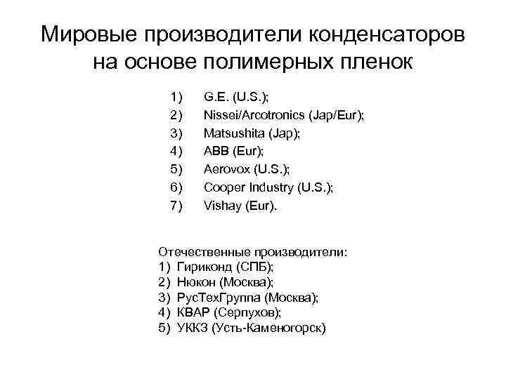 Мировые производители конденсаторов на основе полимерных пленок 1) 2) 3) 4) 5) 6) 7)