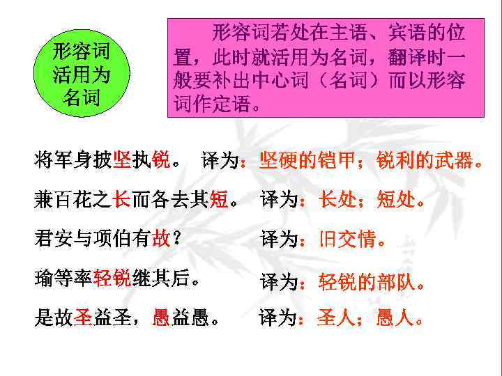 形容词 活用为 名词 形容词若处在主语、宾语的位 置，此时就活用为名词，翻译时一 般要补出中心词（名词）而以形容 词作定语。 将军身披坚执锐。 译为：坚硬的铠甲；锐利的武器。 兼百花之长而各去其短。 译为：长处；短处。 君安与项伯有故？ 译为：旧交情。 瑜等率轻锐继其后。