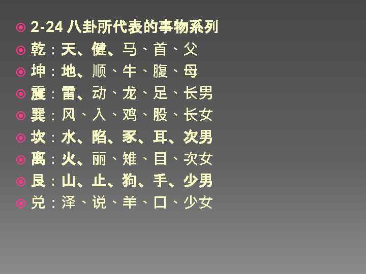 2 -24 八卦所代表的事物系列 乾：天、健、马、首、父 坤：地、顺、牛、腹、母 震：雷、动、龙、足、长男 巽：风、入、鸡、股、长女 坎：水、陷、豕、耳、次男 离：火、丽、雉、目、次女 艮：山、止、狗、手、少男 兑：泽、说、羊、口、少女 