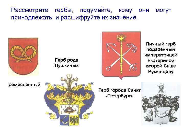 Рассмотрите гербы, подумайте, кому они принадлежать, и расшифруйте их значение. могут Личный герб подаренный