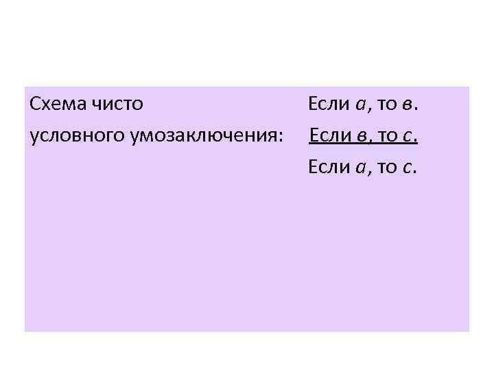 Схема чисто условного умозаключения: Если а, то в. Если в, то с. Если а,