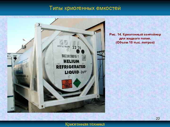 Типы криогенных емкостей Рис. 14. Криогенный контейнер для жидкого гелия. (Объем 10 тыс. литров)