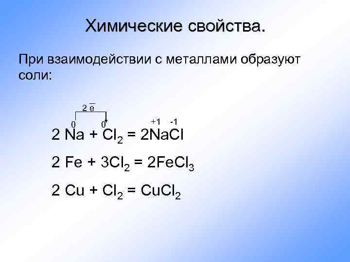 Химические свойства. При взаимодействии с металлами образуют соли: 2 e 0 0 +1 -1