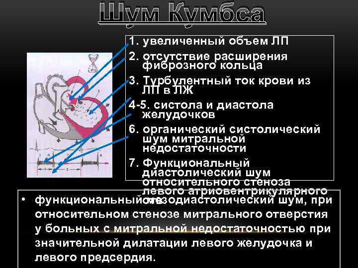 Шум Кумбса 1. увеличенный объем ЛП 2. отсутствие расширения фиброзного кольца 3. Турбулентный ток