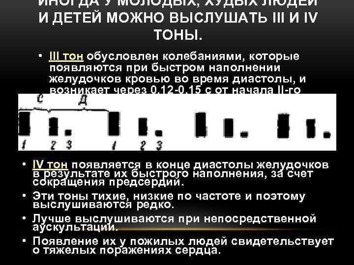 ИНОГДА У МОЛОДЫХ, ХУДЫХ ЛЮДЕЙ И ДЕТЕЙ МОЖНО ВЫСЛУШАТЬ III И IV ТОНЫ. •