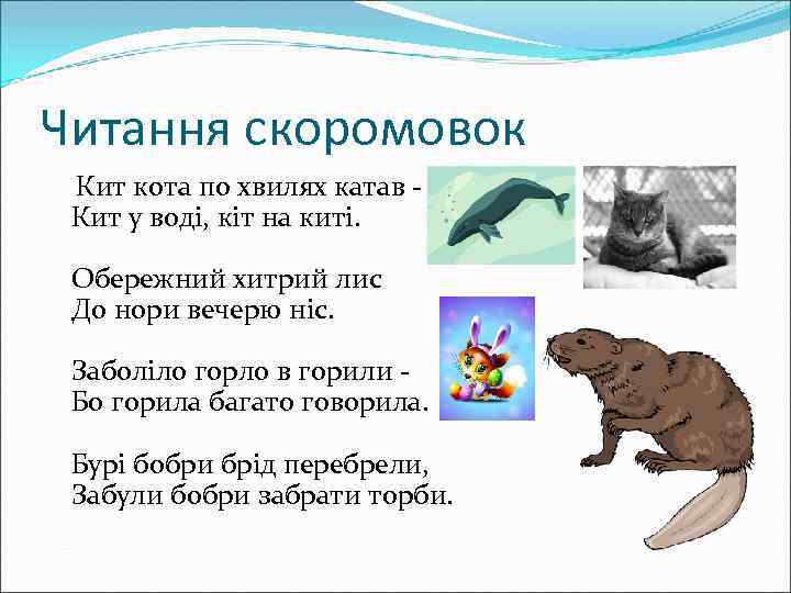 Читання скоромовок Кит кота по хвилях катав Кит у воді, кіт на киті. Обережний