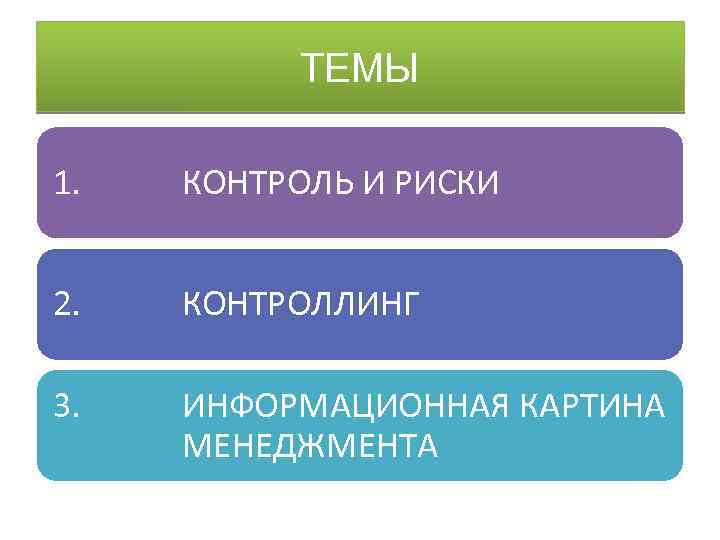 ТЕМЫ 1. КОНТРОЛЬ И РИСКИ 2. КОНТРОЛЛИНГ 3. ИНФОРМАЦИОННАЯ КАРТИНА МЕНЕДЖМЕНТА 