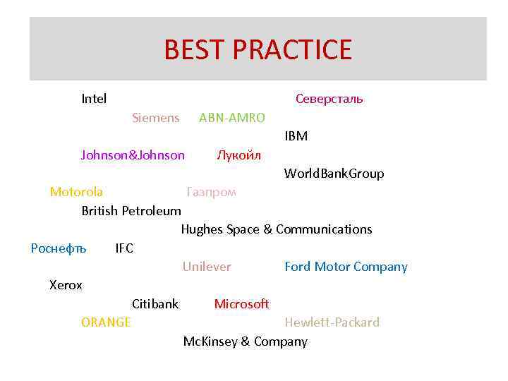 BEST PRACTICE Intel Северсталь Siemens ABN-AMRO IBM Johnson&Johnson Лукойл World. Bank. Group Motorola Газпром