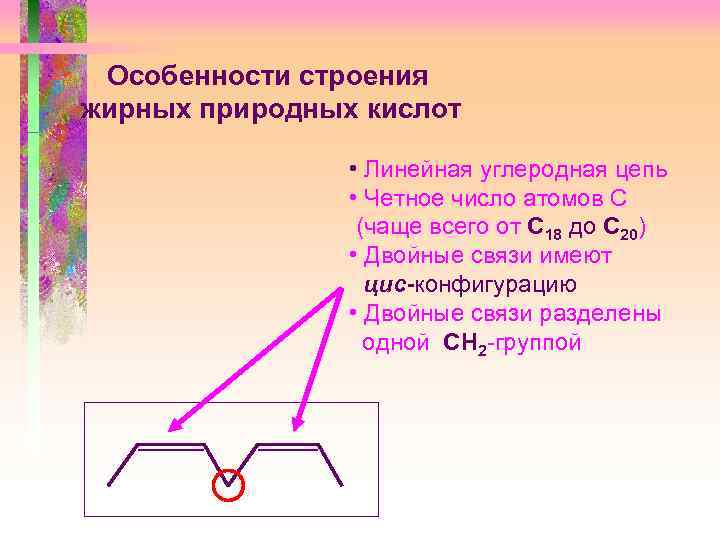 Особенности строения жирных природных кислот • Линейная углеродная цепь • Четное число атомов С