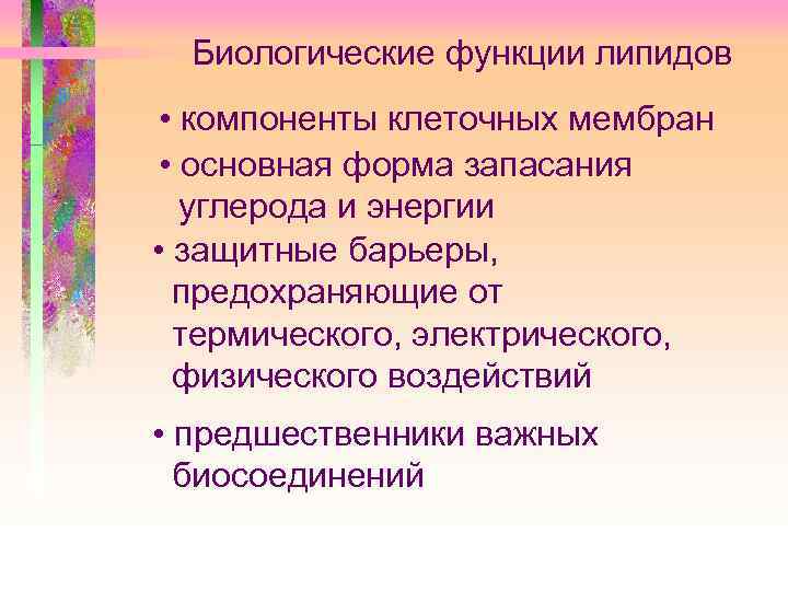 Биологические функции липидов • компоненты клеточных мембран • основная форма запасания углерода и энергии