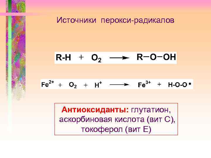 Источники перокси-радикалов Антиоксиданты: глутатион, аскорбиновая кислота (вит С), токоферол (вит Е) 