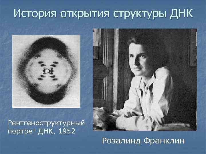 История открытия структуры ДНК Рентгеноструктурный портрет ДНК, 1952 Розалинд Франклин 