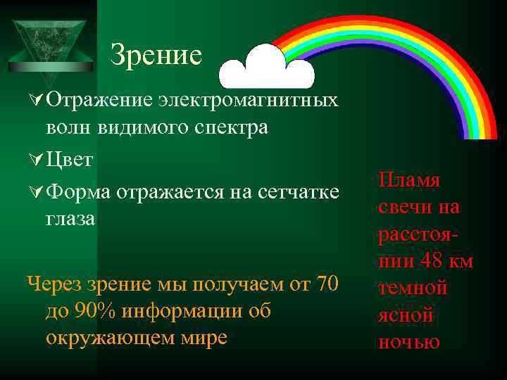 Зрение Ú Отражение электромагнитных волн видимого спектра Ú Цвет Ú Форма отражается на сетчатке