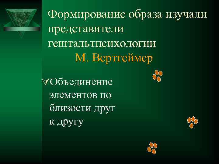 Формирование образа изучали представители гештальтпсихологии М. Вертгеймер ÚОбъединение элементов по близости друг к другу