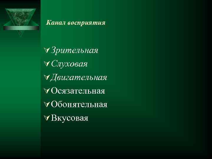 Канал восприятия Ú Зрительная Ú Слуховая Ú Двигательная Ú Осязательная Ú Обонятельная Ú Вкусовая