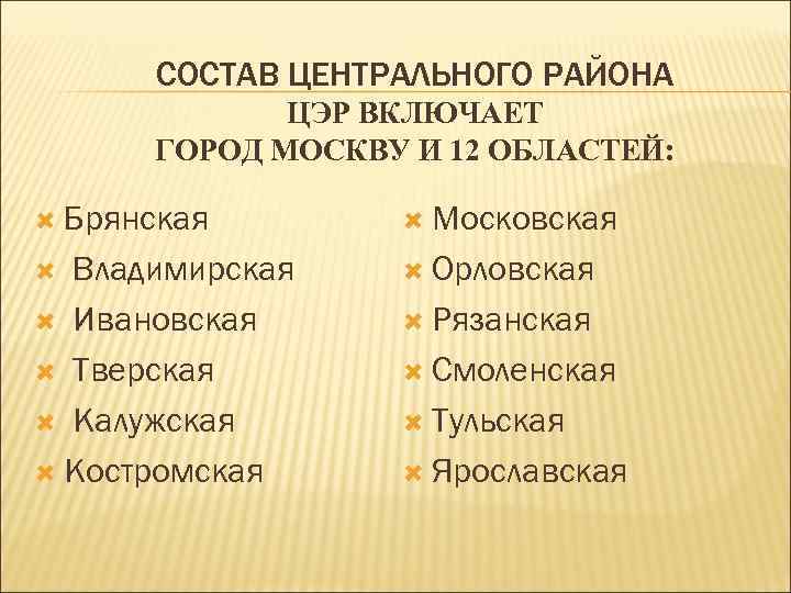 СОСТАВ ЦЕНТРАЛЬНОГО РАЙОНА ЦЭР ВКЛЮЧАЕТ ГОРОД МОСКВУ И 12 ОБЛАСТЕЙ: Брянская Московская Владимирская Ивановская