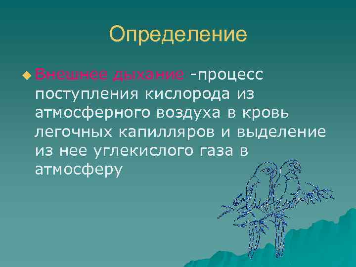 Определение u Внешнее дыхание -процесс поступления кислорода из атмосферного воздуха в кровь легочных капилляров