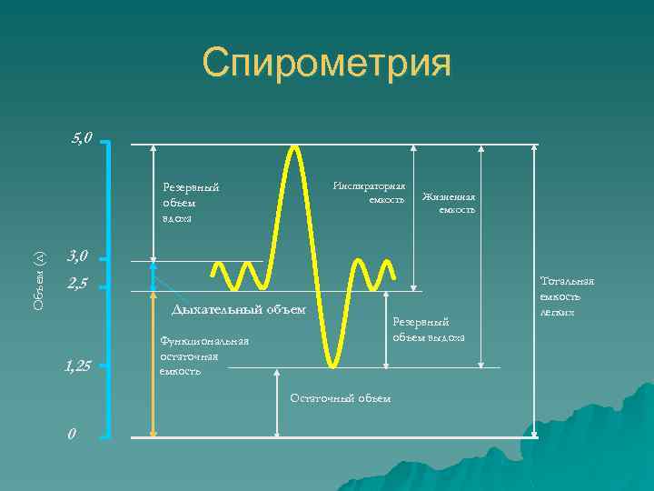Спирометрия 5, 0 Инспираторная емкость Объем (л) Резервный объем вдоха Жизненная емкость 3, 0