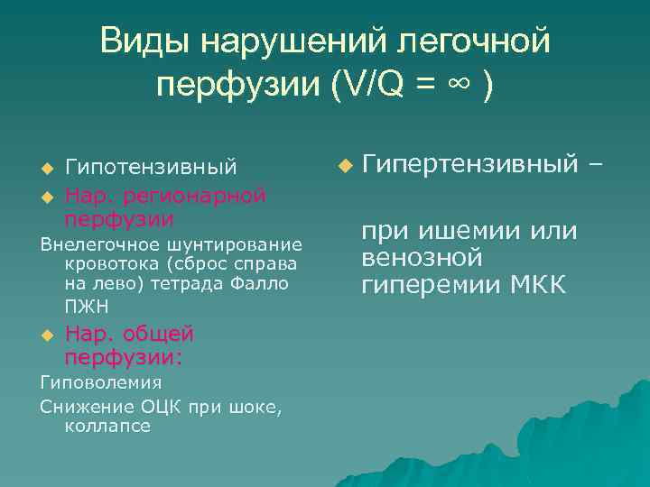 Виды нарушений легочной перфузии (V/Q = ∞ ) u u Гипотензивный Нар. регионарной перфузии