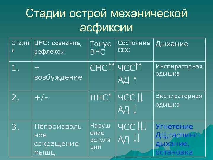 Стадии острой механической асфиксии Стади ЦНС: сознание, я рефлексы Тонус ВНС Состояние ССС Дыхание
