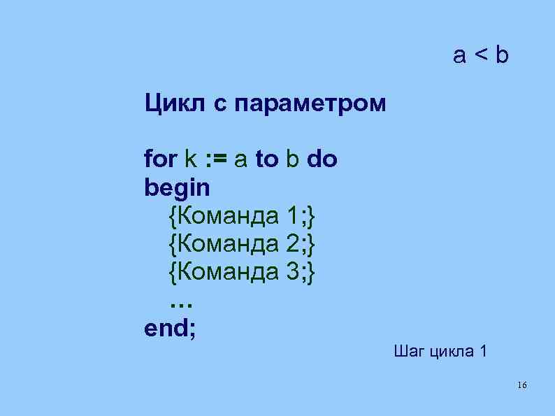 a<b Цикл с параметром for k : = a to b do begin {Команда
