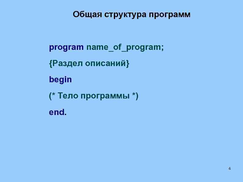 Общая структура программ program name_of_program; {Раздел описаний} begin (* Тело программы *) end. 4