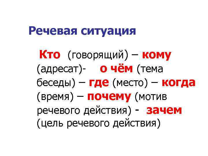 Речевая ситуация Кто (говорящий) – кому (адресат)- о чём (тема беседы) – где (место)