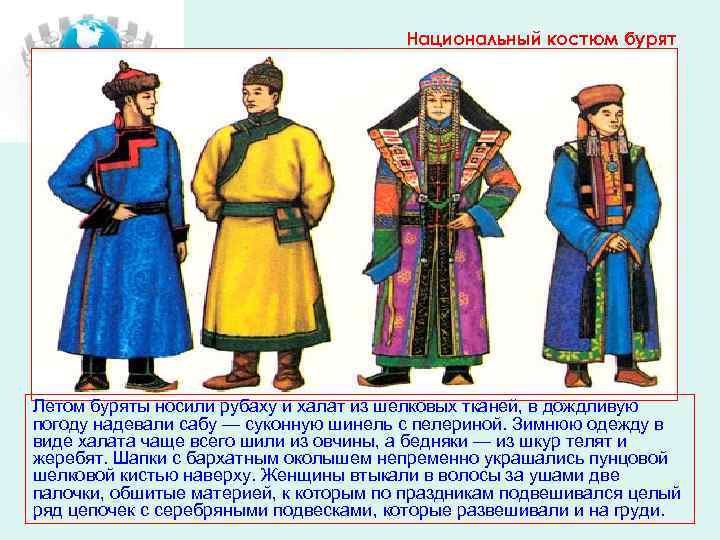 Национальный костюм бурят Летом буряты носили рубаху и халат из шелковых тканей, в дождливую