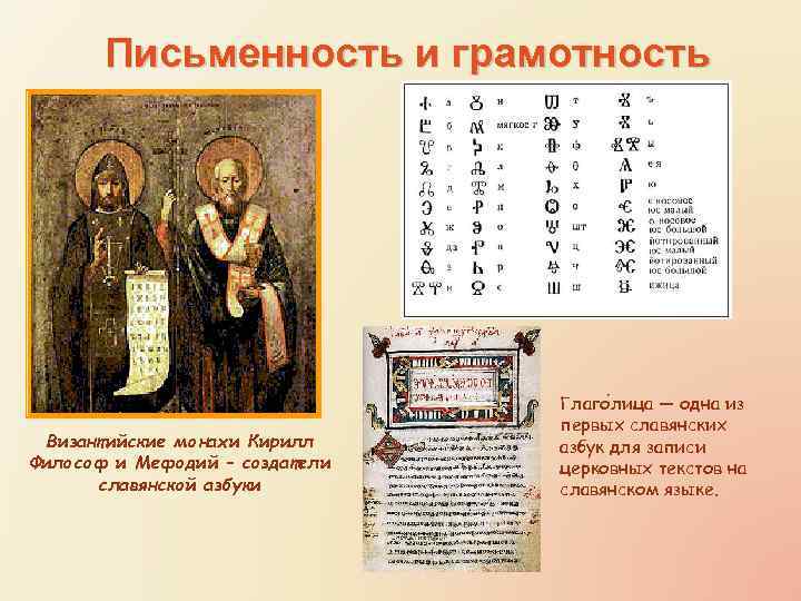 Письменность и грамотность Византийские монахи Кирилл Философ и Мефодий – создатели славянской азбуки Глаго