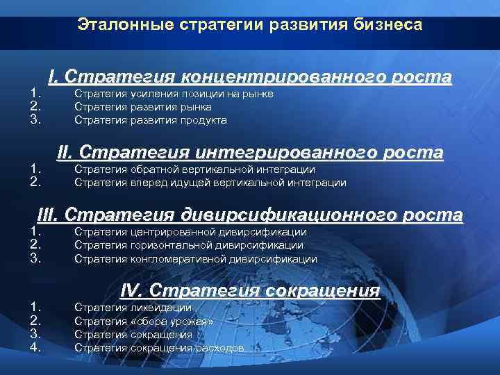 Эталонные стратегии развития бизнеса 1. 2. 3. 1. 2. I. Стратегия концентрированного роста Стратегия