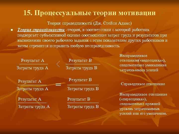 15. Процессуальные теории мотивации n Теория справедливости (Дж. Стейси Адамс) Теория справедливости -теория, в