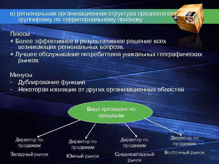 в) региональная организационная структура предпологает группировку по территориальному признаку Плюсы + Более эффективное и