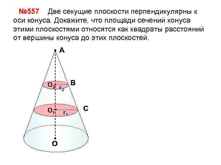 № 557 Две секущие плоскости перпендикулярны к оси конуса. Докажите, что площади сечений конуса
