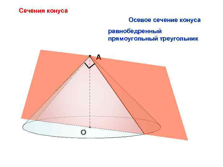 Сечения конуса Осевое сечение конуса равнобедренный прямоугольный треугольник А О 