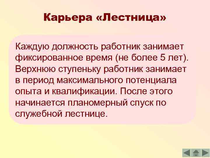 Карьера «Лестница» Каждую должность работник занимает фиксированное время (не более 5 лет). Верхнюю ступеньку