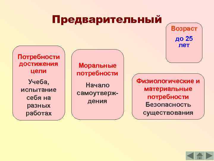 Предварительный Возраст до 25 лет Потребности достижения цели Учеба, испытание себя на разных работах