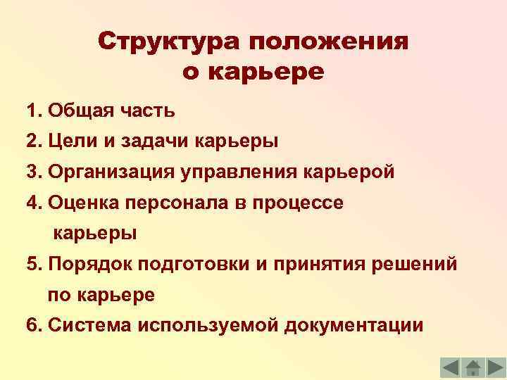 Структура положения о карьере 1. Общая часть 2. Цели и задачи карьеры 3. Организация