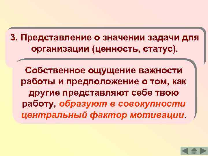 3. Представление о значении задачи для организации (ценность, статус). Собственное ощущение важности работы и