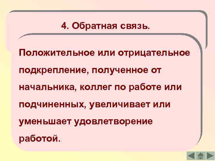 4. Обратная связь. Положительное или отрицательное подкрепление, полученное от начальника, коллег по работе или