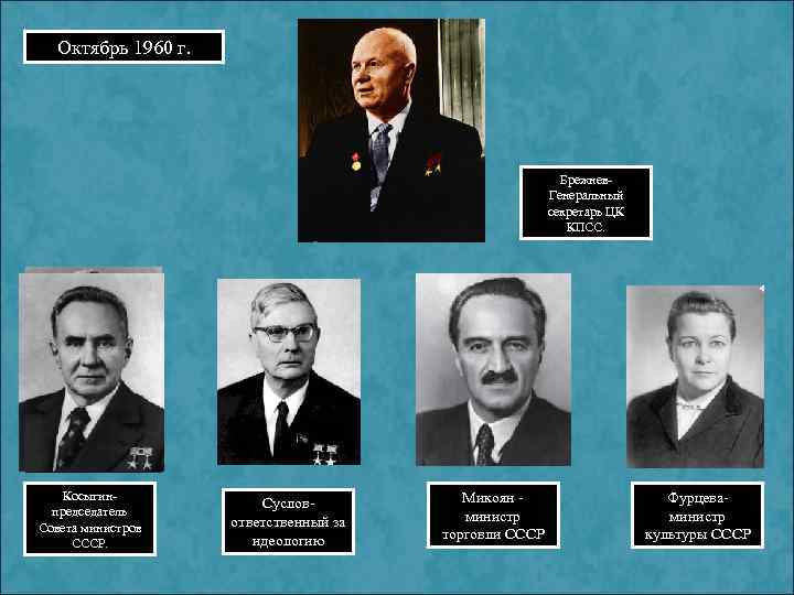 Октябрь 1960 г. Брежнев. Генеральный секретарь ЦК КПСС. Косыгинпредседатель Совета министров СССР. Сусловответственный за