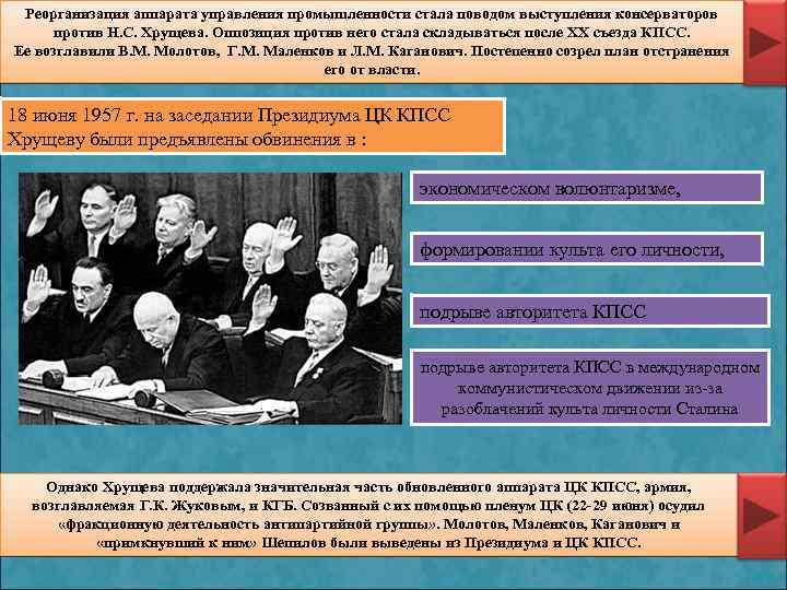 Реорганизация аппарата управления промышленности стала поводом выступления консерваторов против Н. С. Хрущева. Оппозиция против