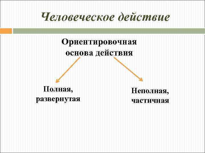 Человеческое действие Ориентировочная основа действия Полная, развернутая Неполная, частичная 