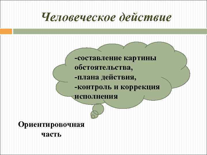 Человеческое действие -составление картины обстоятельства, -плана действия, -контроль и коррекция исполнения Ориентировочная часть 