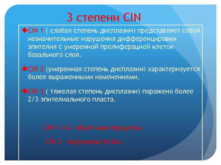  3 степени CIN u. CIN 1 ( слабая степень дисплазии) представляет собой незначительные