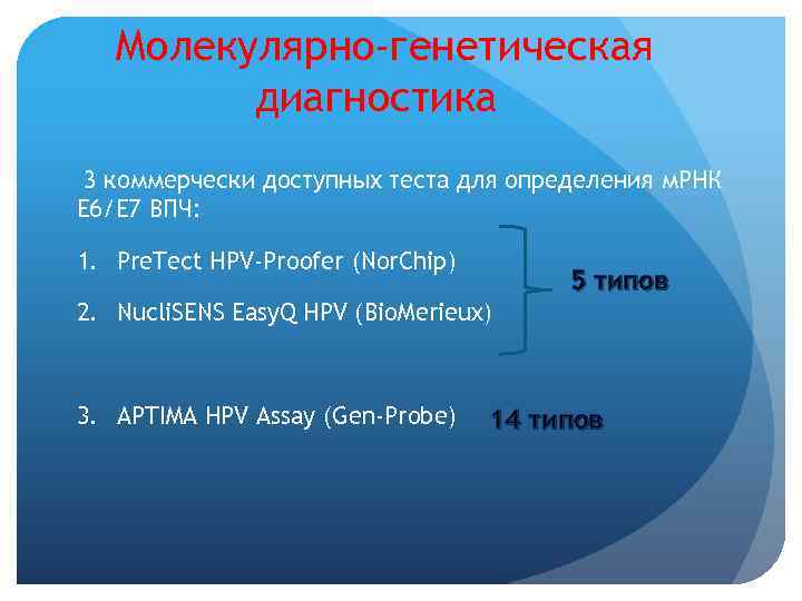  Молекулярно-генетическая диагностика 3 коммерчески доступных теста для определения м. РНК Е 6/Е 7