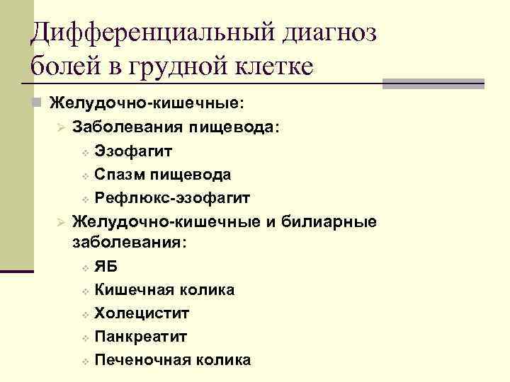 Дифференциальный диагноз болей в грудной клетке n Желудочно-кишечные: Ø Ø Заболевания пищевода: v Эзофагит