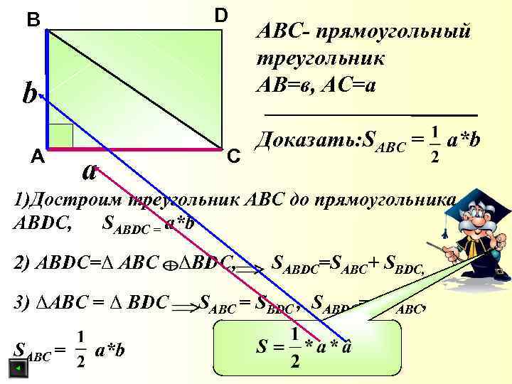 D B b A a C ABC- прямоугольный треугольник AB=в, AС=а Доказать: SABC =