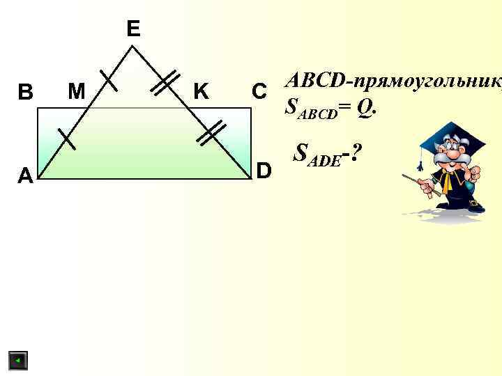 E B A M K АBСD-прямоугольник, C SABCD= Q. D SADE-? 