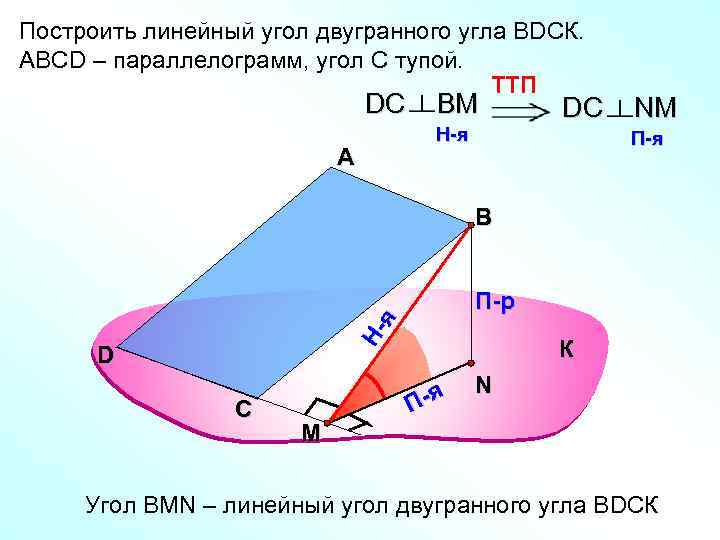 Построить линейный угол двугранного угла ВDСК. АВСD – параллелограмм, угол С тупой. TTП DС