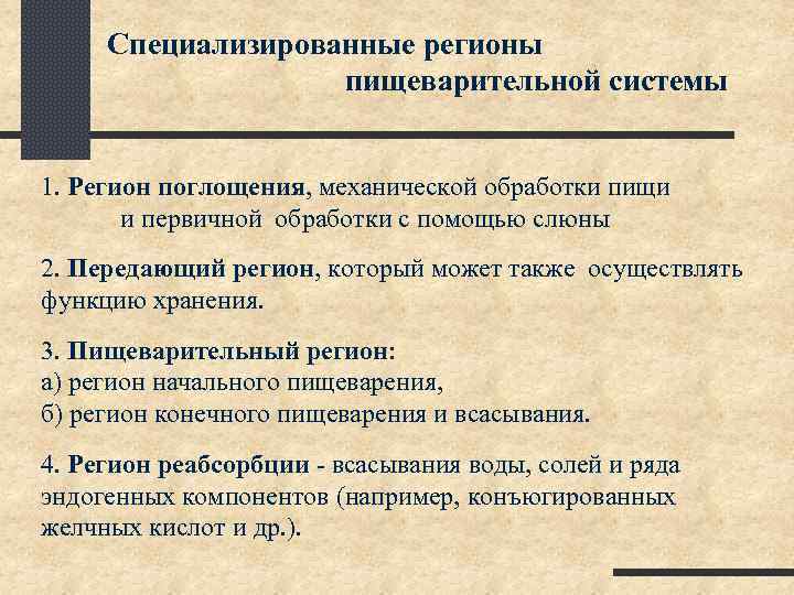 Специализированные регионы пищеварительной системы 1. Регион поглощения, механической обработки пищи и первичной обработки с
